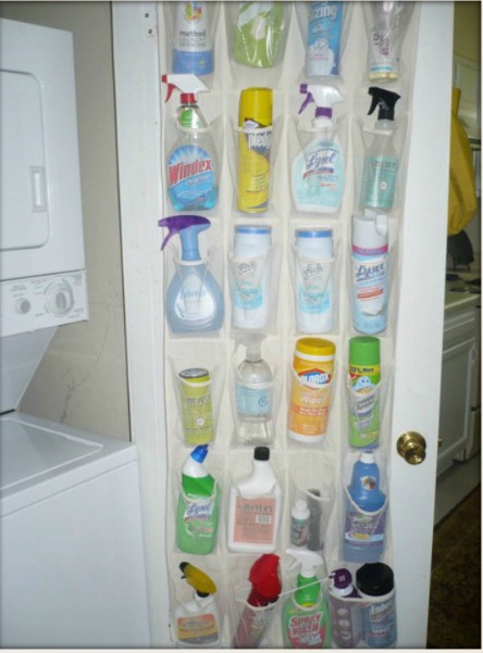 Use a shoe rack to organize cleaning supplies