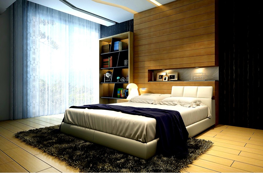 Modern bedroom with books and a gray rug