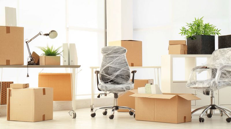 Office chair wrapped in cobwebs in an empty office with boxes
